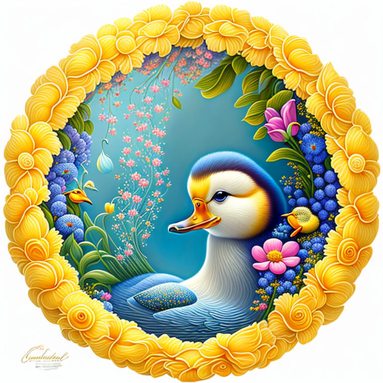 Circular Stylized Duck Illustration with Ornate Yellow Flower Frame