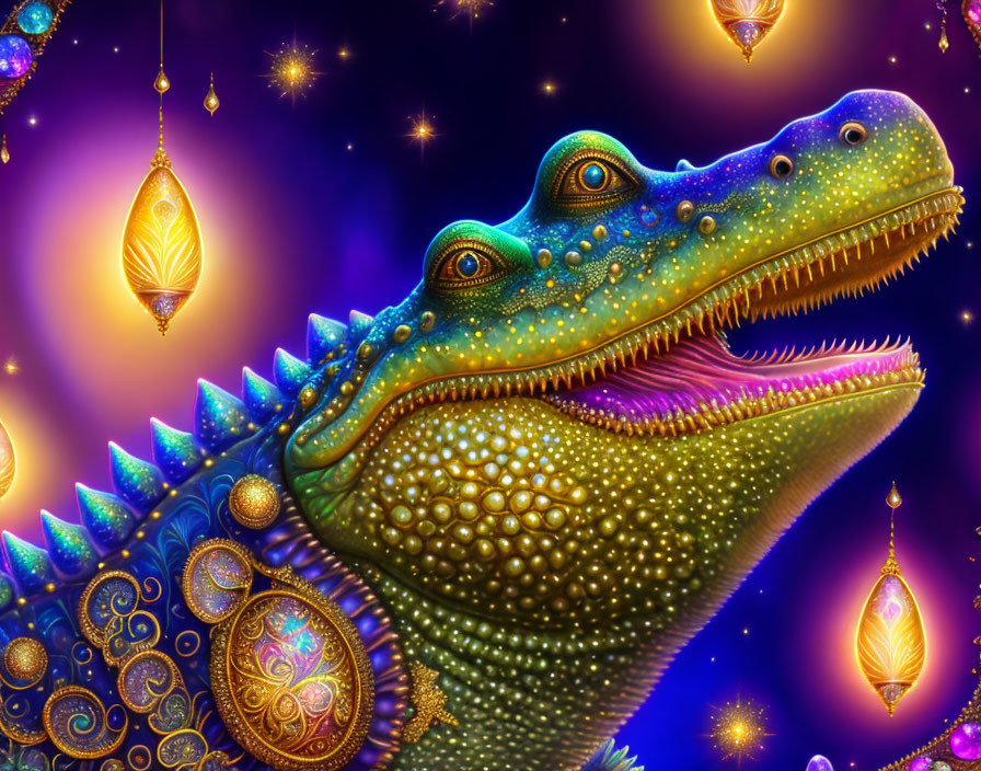 Colorful digital artwork: whimsical crocodile with intricate patterns and jewels on mystical, starry background