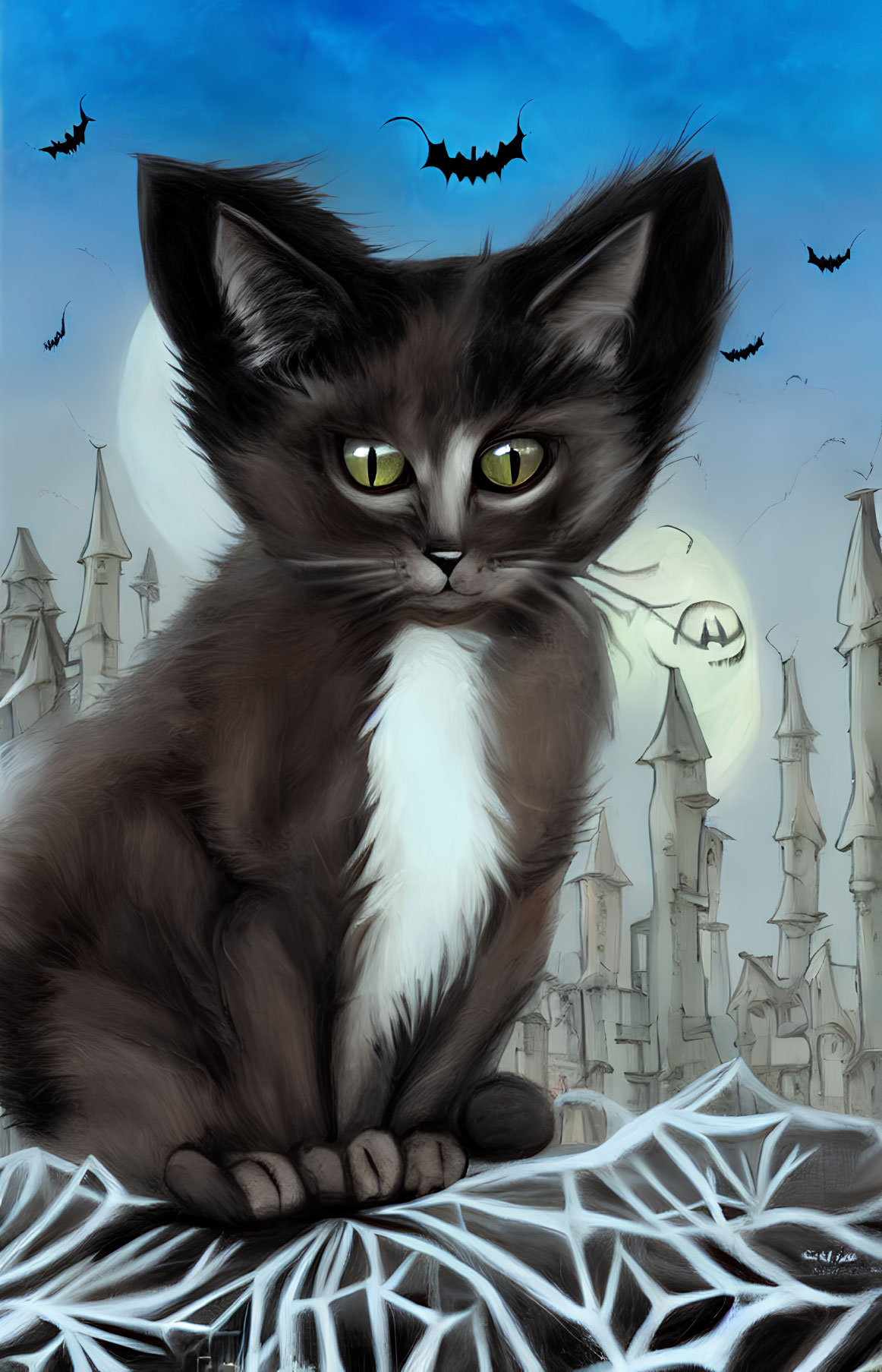 Digital illustration of black and white kitten on web with spooky castle, bats, and full moon.