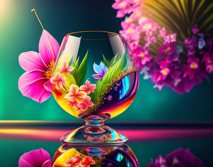 Colorful Flowers in Glass Vase with Mirrored Surface and Vivid Background