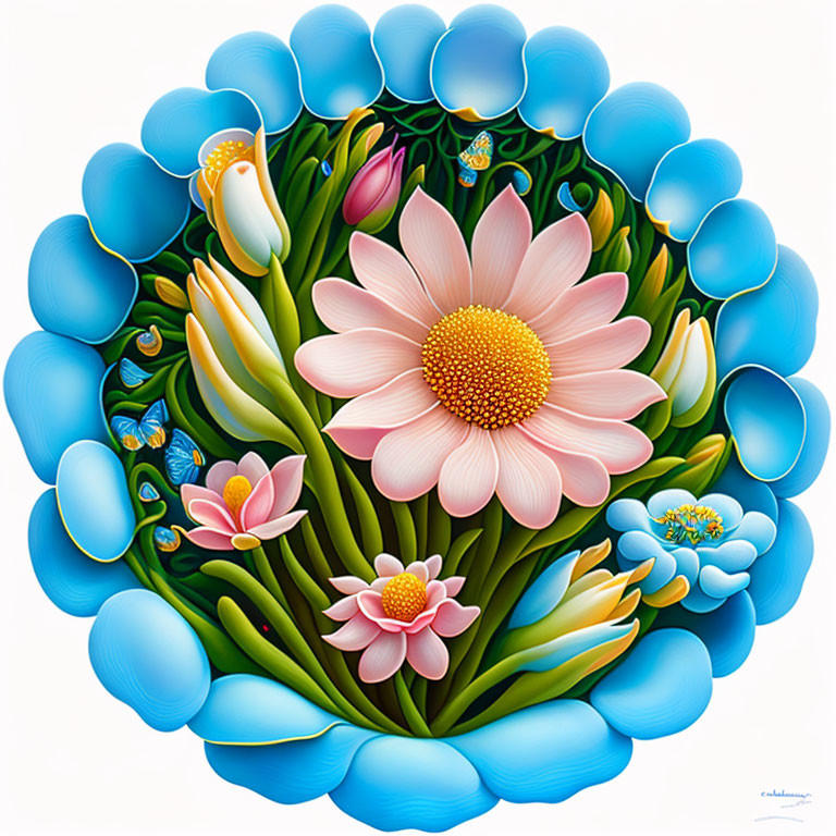 Colorful Floral Arrangement with Large Pink Flower and Unique Blue Elements