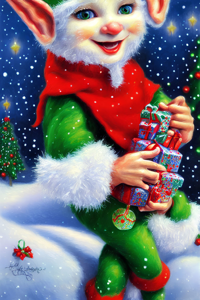 Cheerful elf with gifts in snowy Christmas tree scene