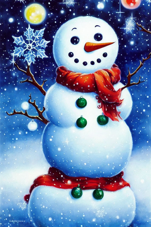 Snowman with red scarf, green buttons, carrot nose, holding snowflake under starry night sky