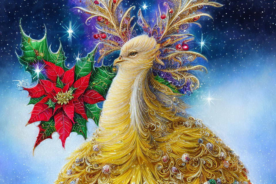 Shimmering golden peacock with jewels on blue background