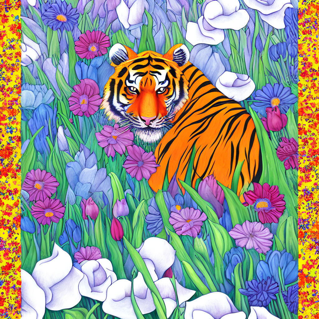 Colorful Tiger Among Purple and Blue Flowers