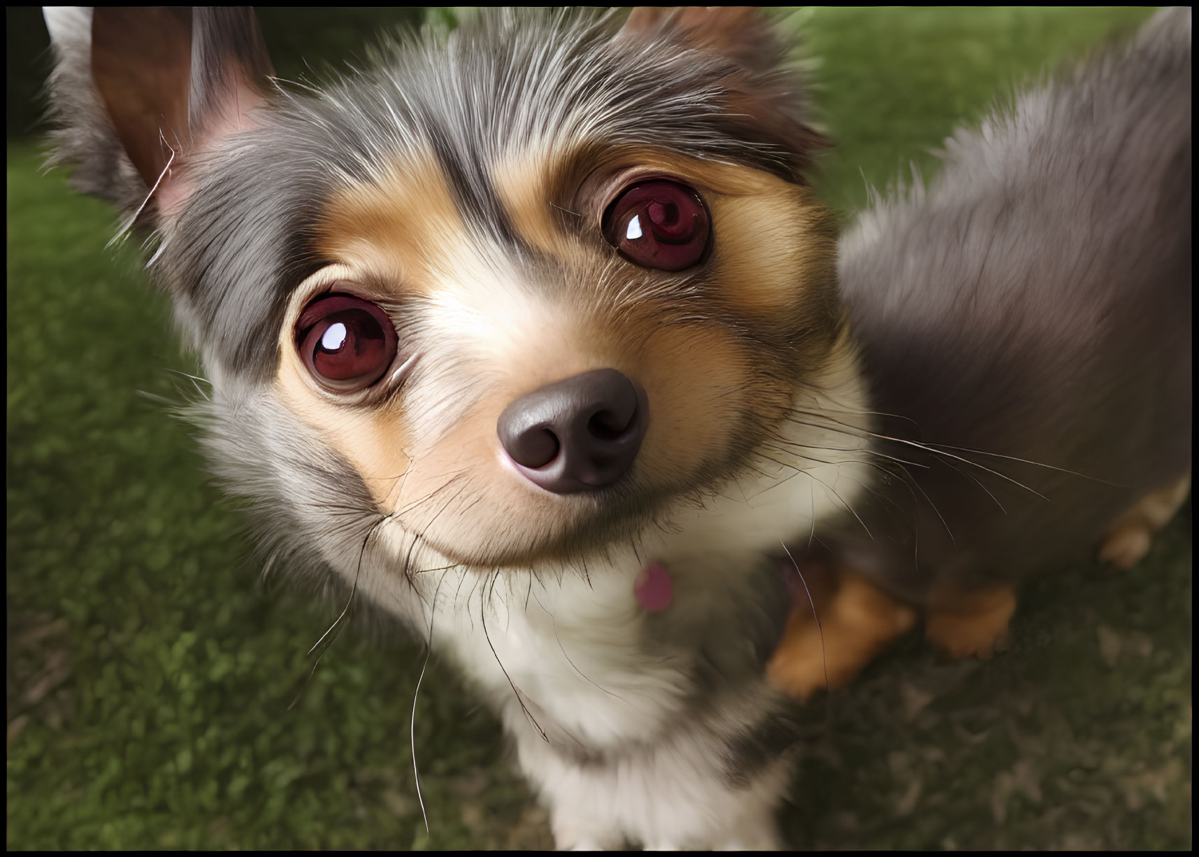 Curious small dog with striking reddish-brown eyes on green lawn