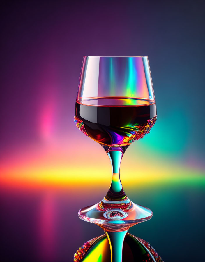 Colorful iridescent stem glass of red wine on reflective surface