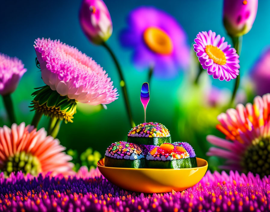 Colorful Still Life Composition with Candy-Covered Hills and Radiant Flowers