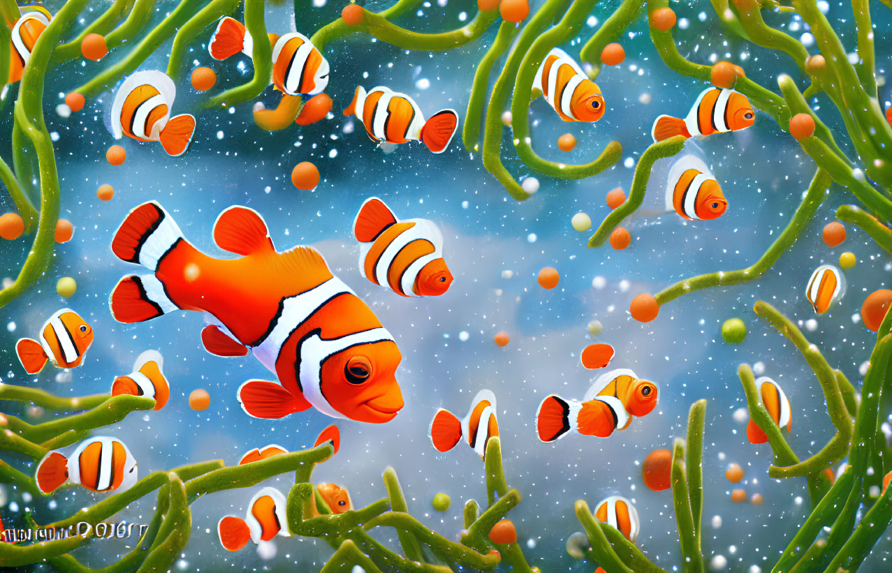 Vibrant clownfish and sea anemones in blue underwater setting