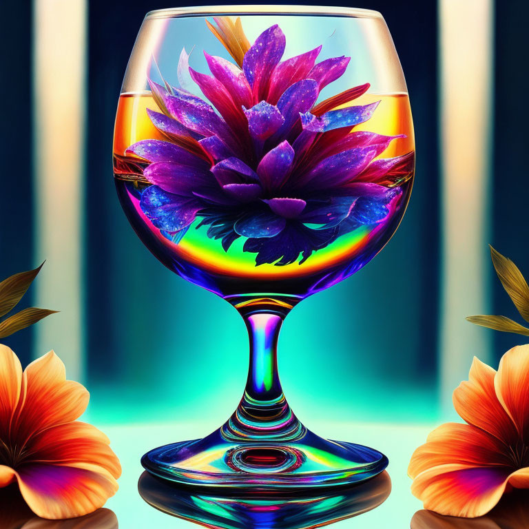 Colorful Wine Glass with Purple Lotus on Blue Background and Orange Flowers