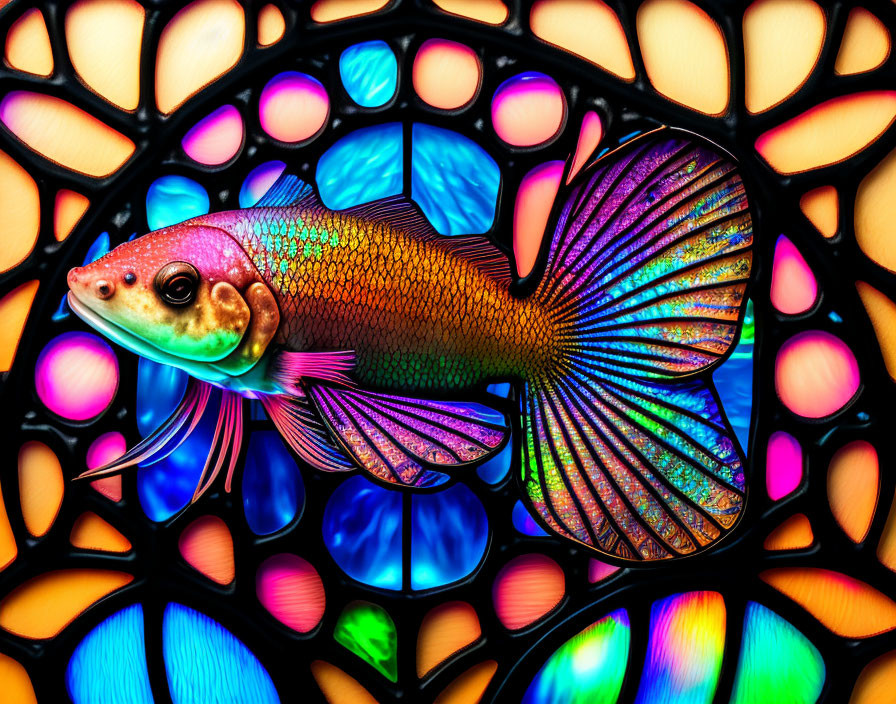 Colorful Artificial Fish with Detailed Scales and Fins on Stained Glass Background