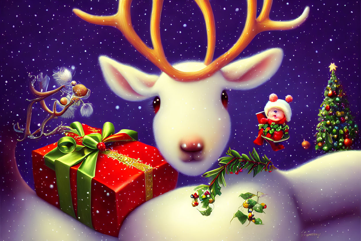 Festive Christmas illustration with smiling reindeer and Santa figure