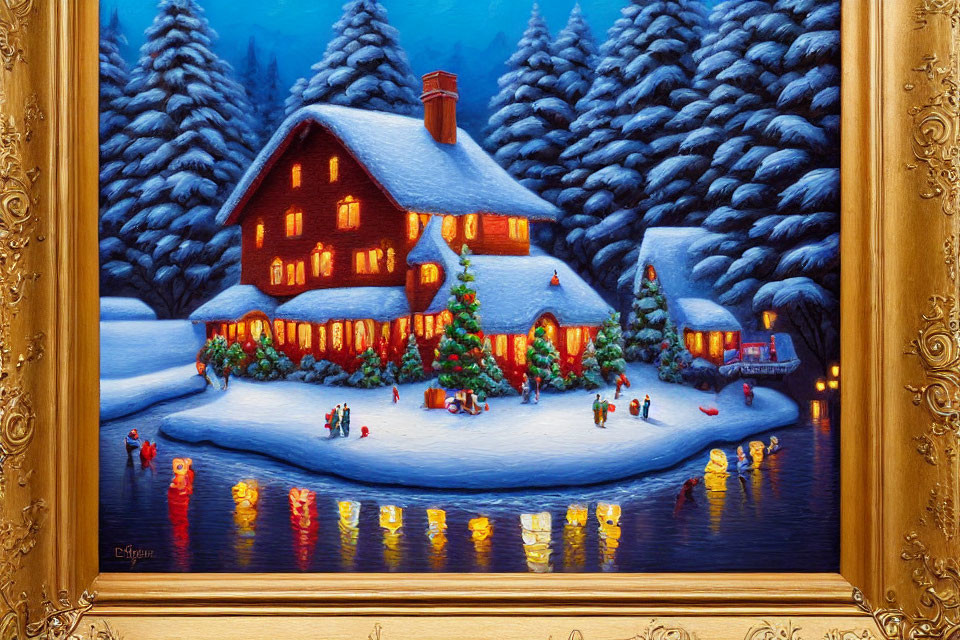 Snowy Winter Scene Painting with Cozy House and Ice Skating People