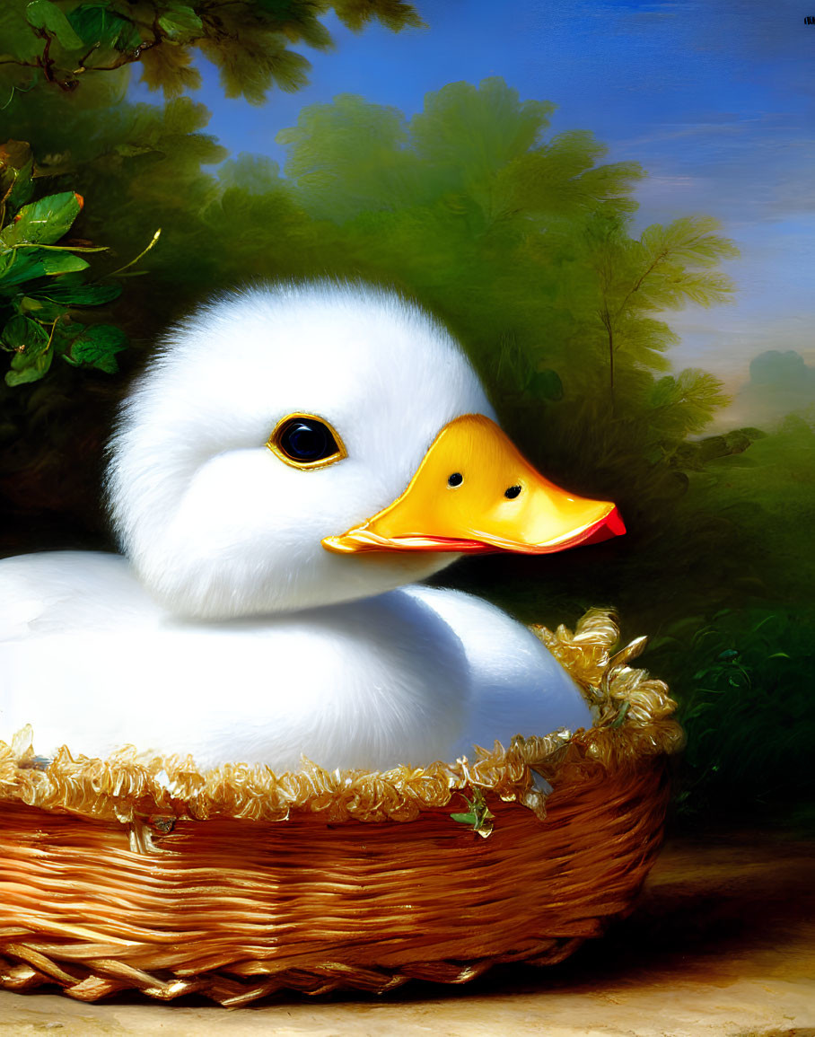 White Duckling in Basket Against Green Background