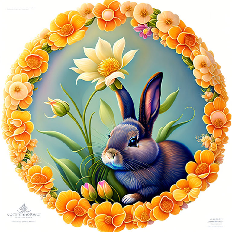 Adorable blue rabbit with orange and yellow flowers on blue background