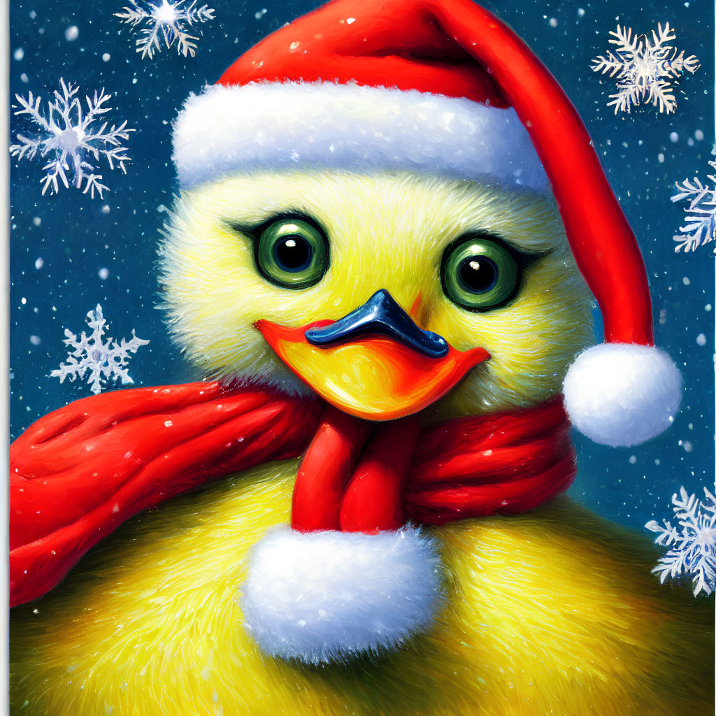 Yellow Duckling in Santa Hat and Red Scarf with Snowflakes on Blue Background