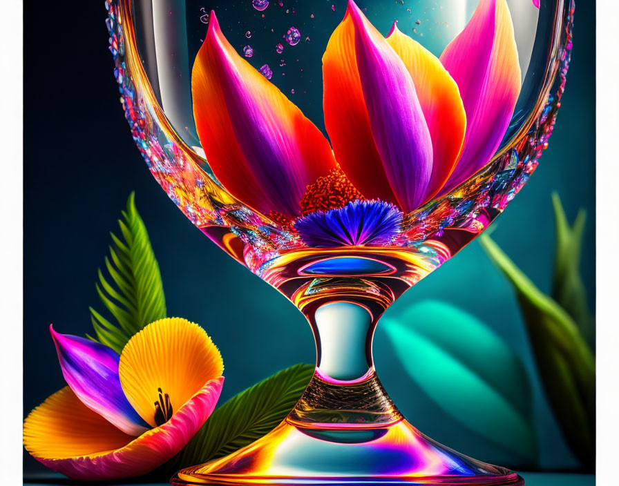 Colorful Digital Art: Transparent Goblet with Lotus, Bubbles, and Flora