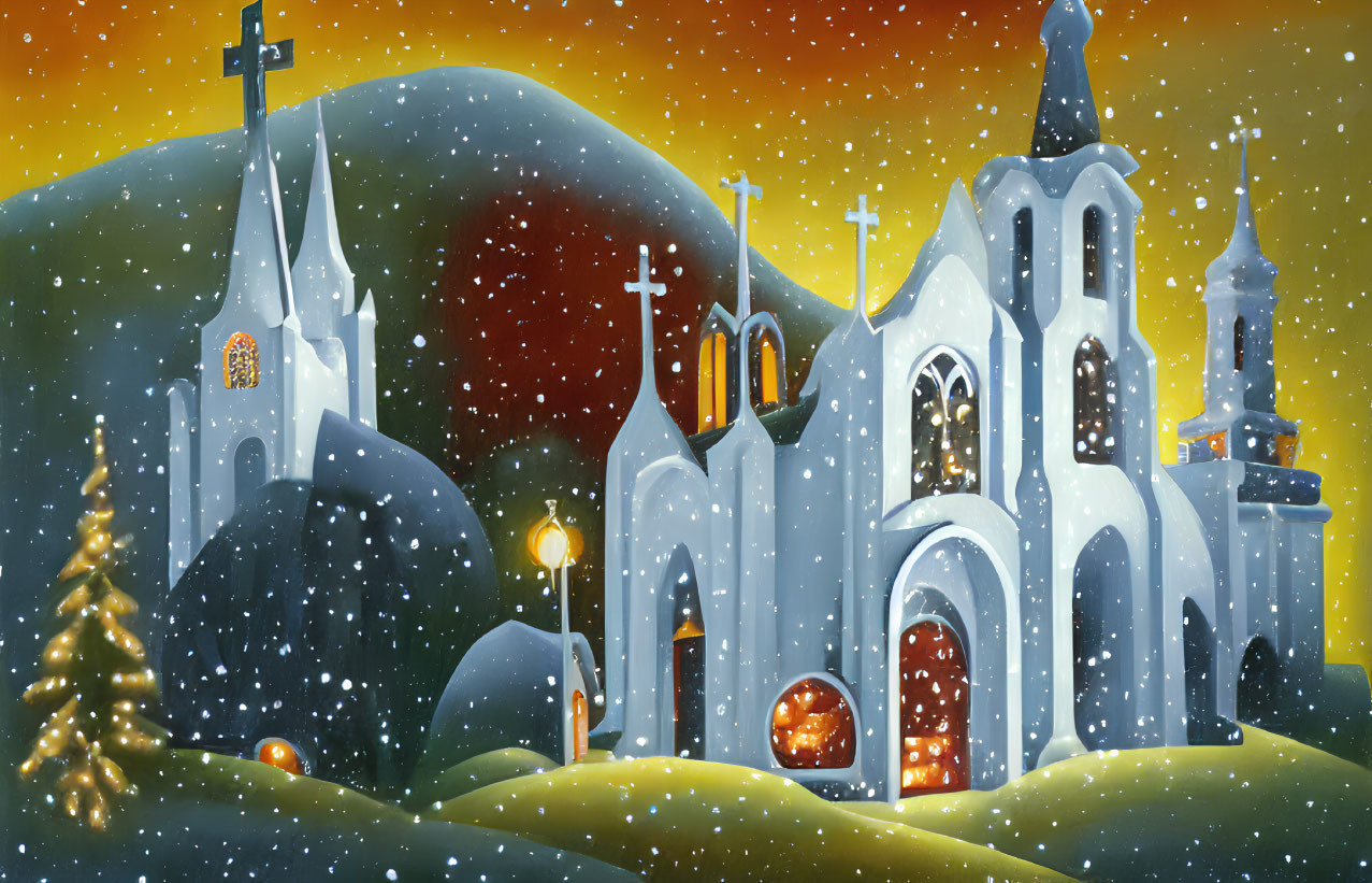 Gothic-style churches in snowy night scene with Christmas tree