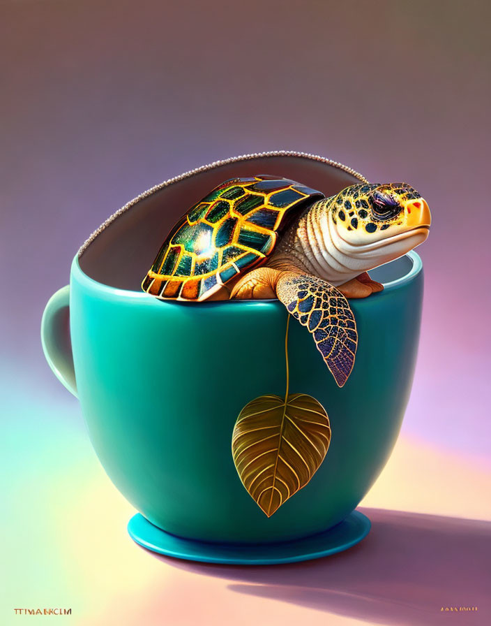 Colorful Digital Art: Glowing Sea Turtle on Teal Cup with Gold Emblem