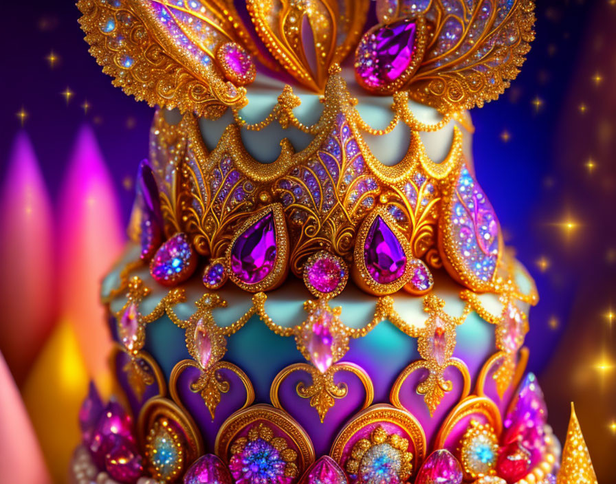 Intricate jeweled egg with gold patterns and gemstones on soft background