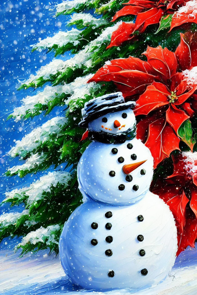 Cheerful snowman with black hat and poinsettia in snowfall