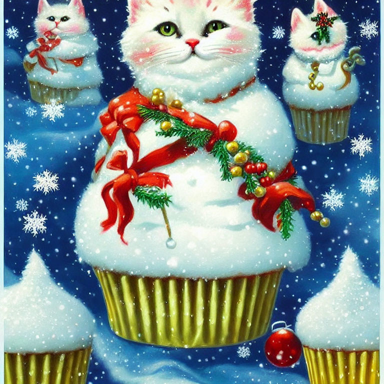 Three festive cupcake-themed cats with snow and holiday decorations