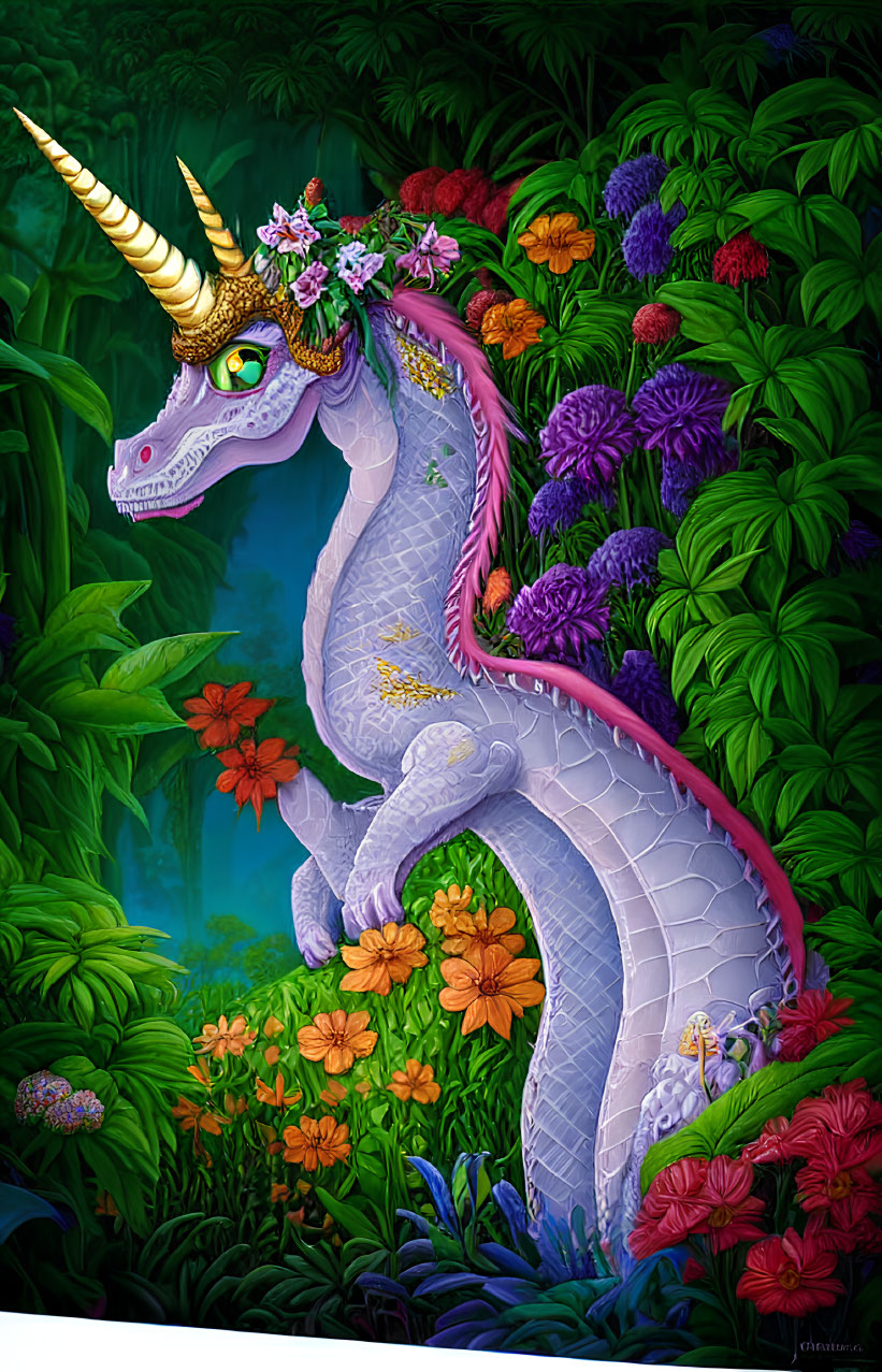 Whimsical purple dragon with golden horn in lush garden