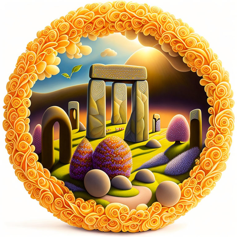 Colorful Circular Artwork of Stylized Stonehenge and Vibrant Nature Scene