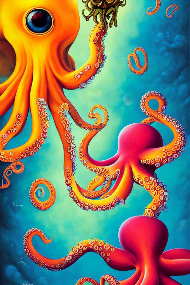 Colorful Octopus Painting on Blue Background with Pink Octopus and Rings