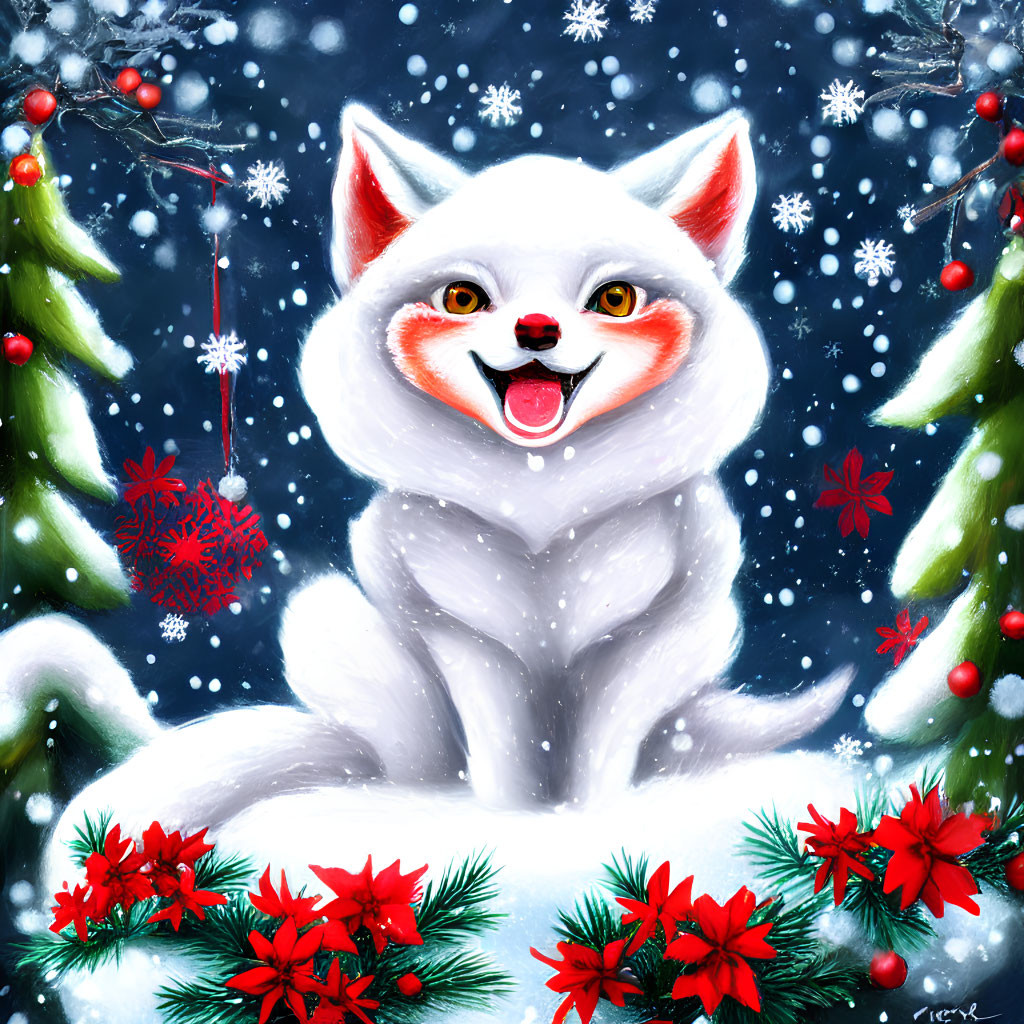 White Fox Surrounded by Snowflakes, Red Berries, and Pine Trees in Festive Winter