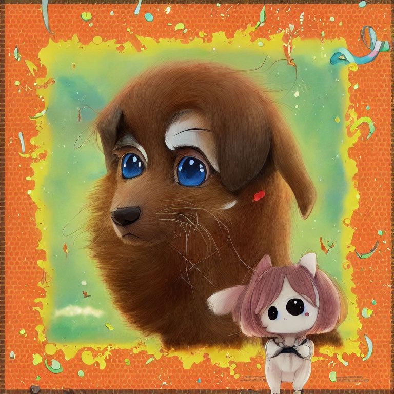 Large-eyed puppy and cartoon character illustration on abstract orange background.