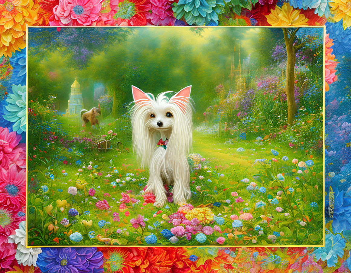 Colorful Fantasy Garden: Small White Dog in Vibrant Illustration