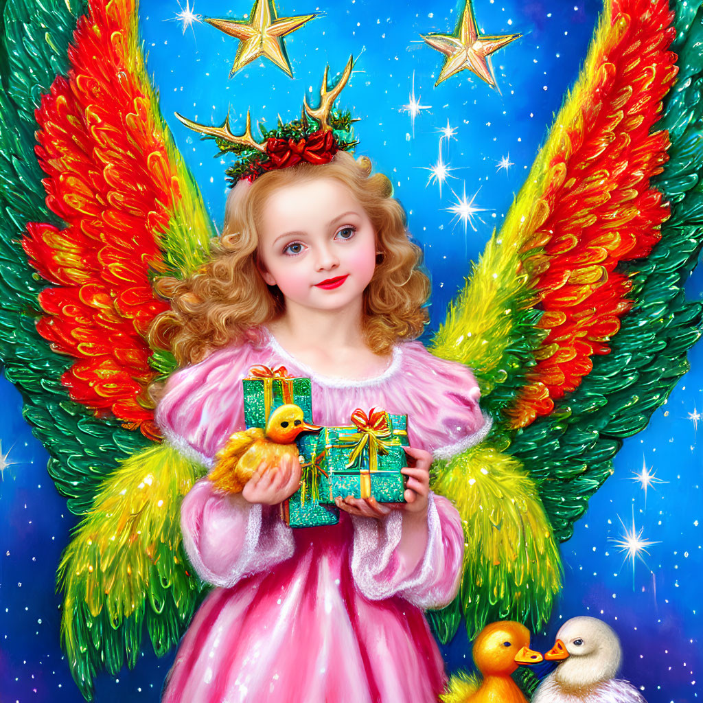 Colorful illustration of young angelic girl with fiery wings, gift, duckling, stars on blue