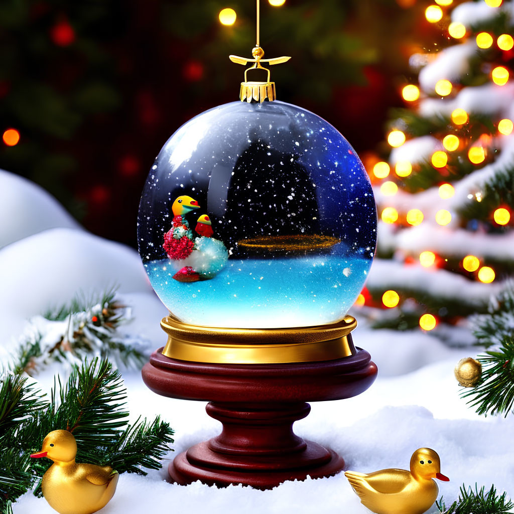 Snow Globe with Penguin and Rubber Ducks in Christmas Scene