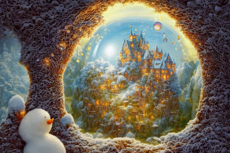 Snowman gazes at glowing village in tree hollow under moonlit castle