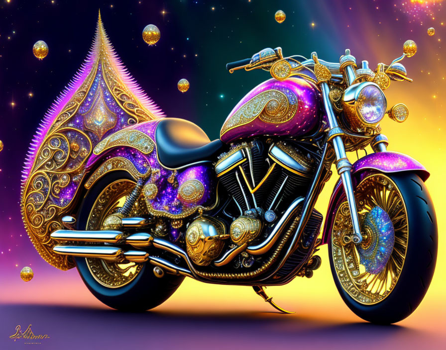 Colorful Cosmic Fantasy Motorcycle Against Starry Space Background