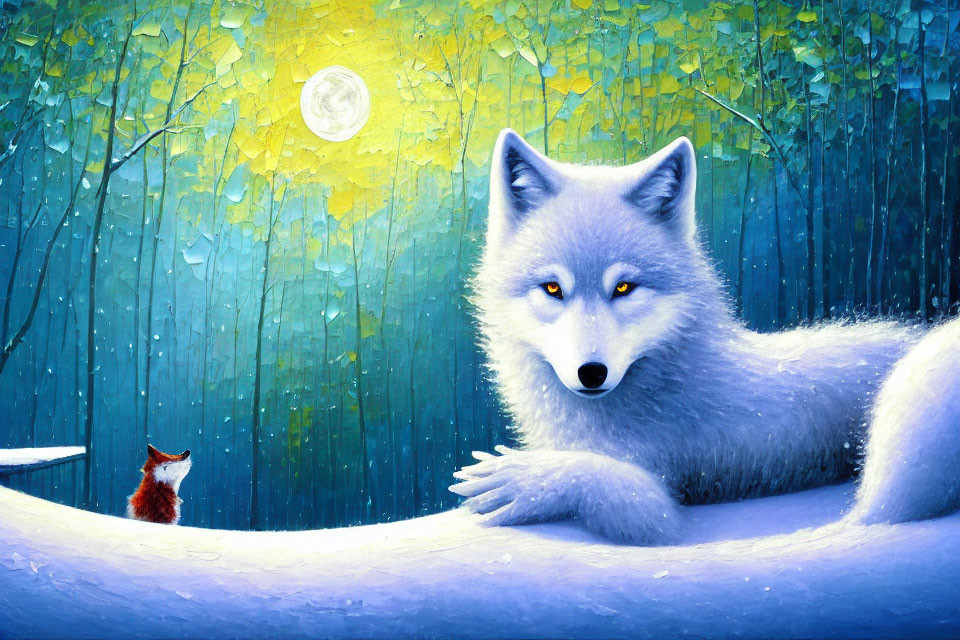 Mystical blue wolf and red fox in moonlit forest