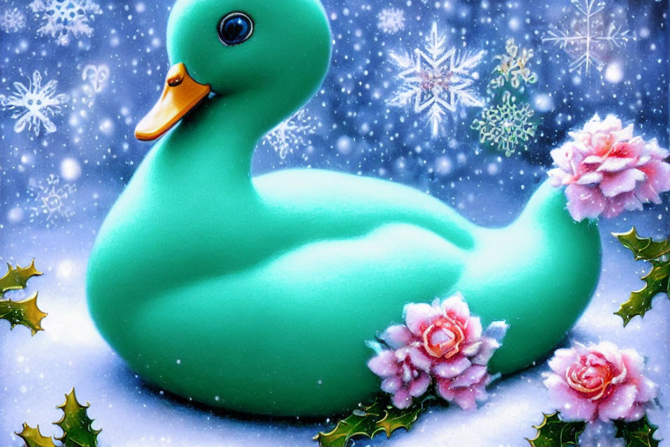 Colorful Teal Rubber Duck with Snowflakes and Pink Flowers in Snowy Scene