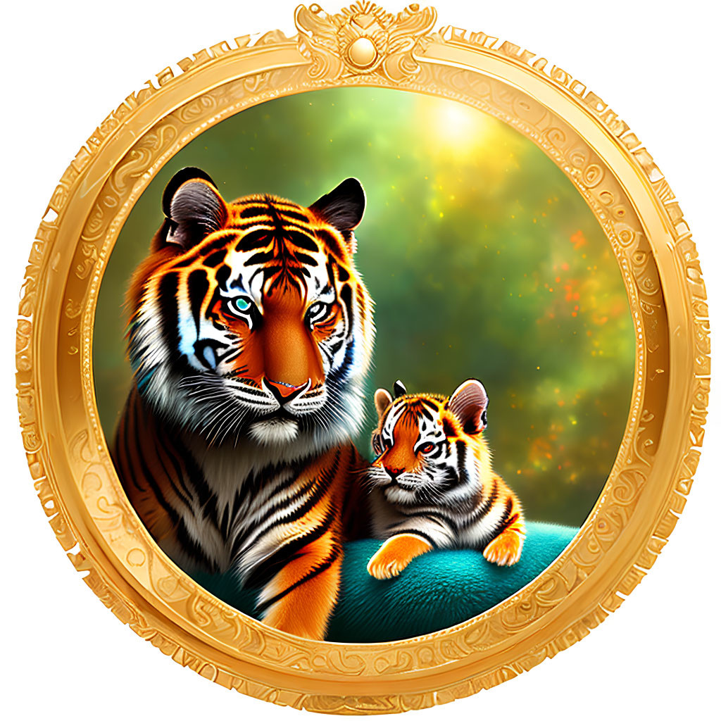 Illustration of adult tiger and cub in golden frame on starry background