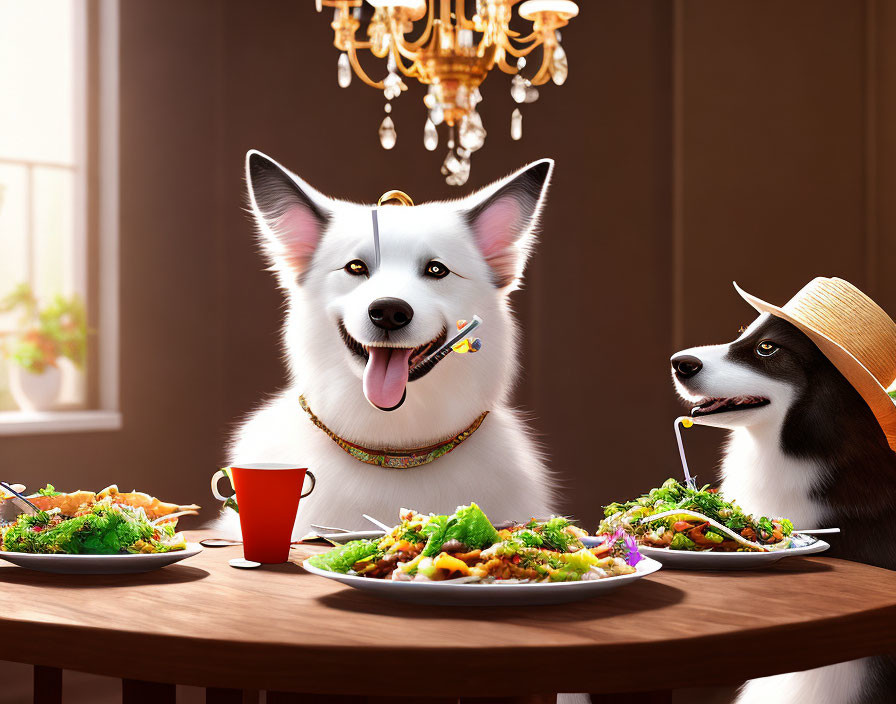 Animated dogs at dining table with paintbrush in chandelier-lit room