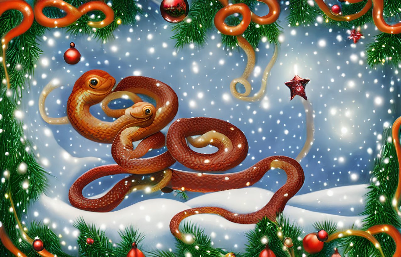 Cartoon snakes with festive decorations in snowy scene