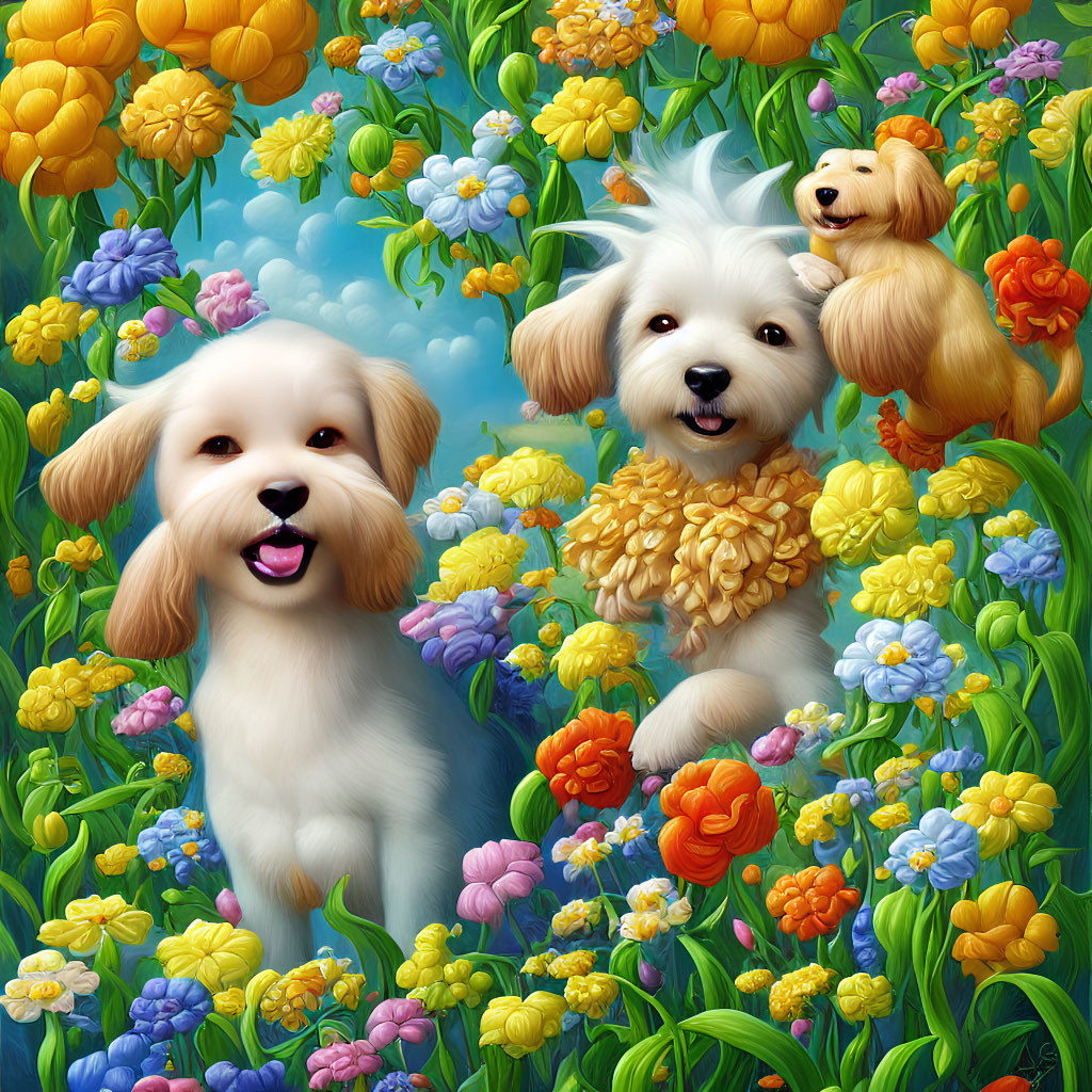 Fluffy Dogs Surrounded by Colorful Flowers and Blue Sky