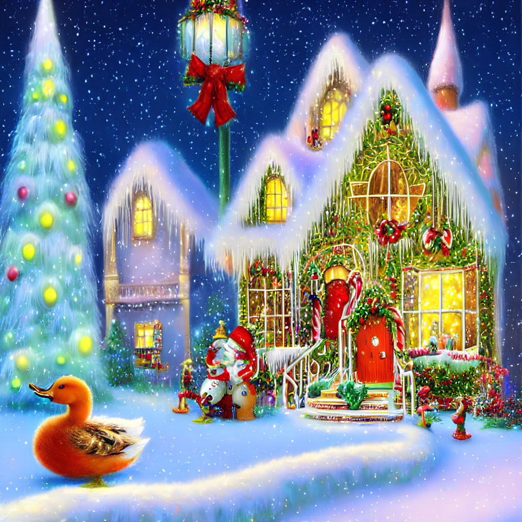 Snow-covered Christmas house with festive decorations, lit tree, duck, and snowy night scene.