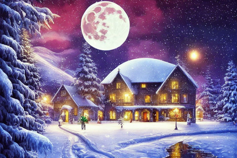 Snowy Landscape: Cozy House, Full Moon, Snow-Covered Trees