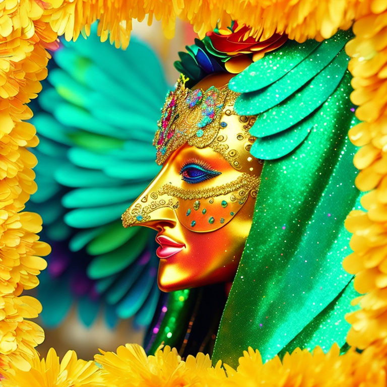 Colorful masquerade mask with feathers and yellow flowers backdrop.