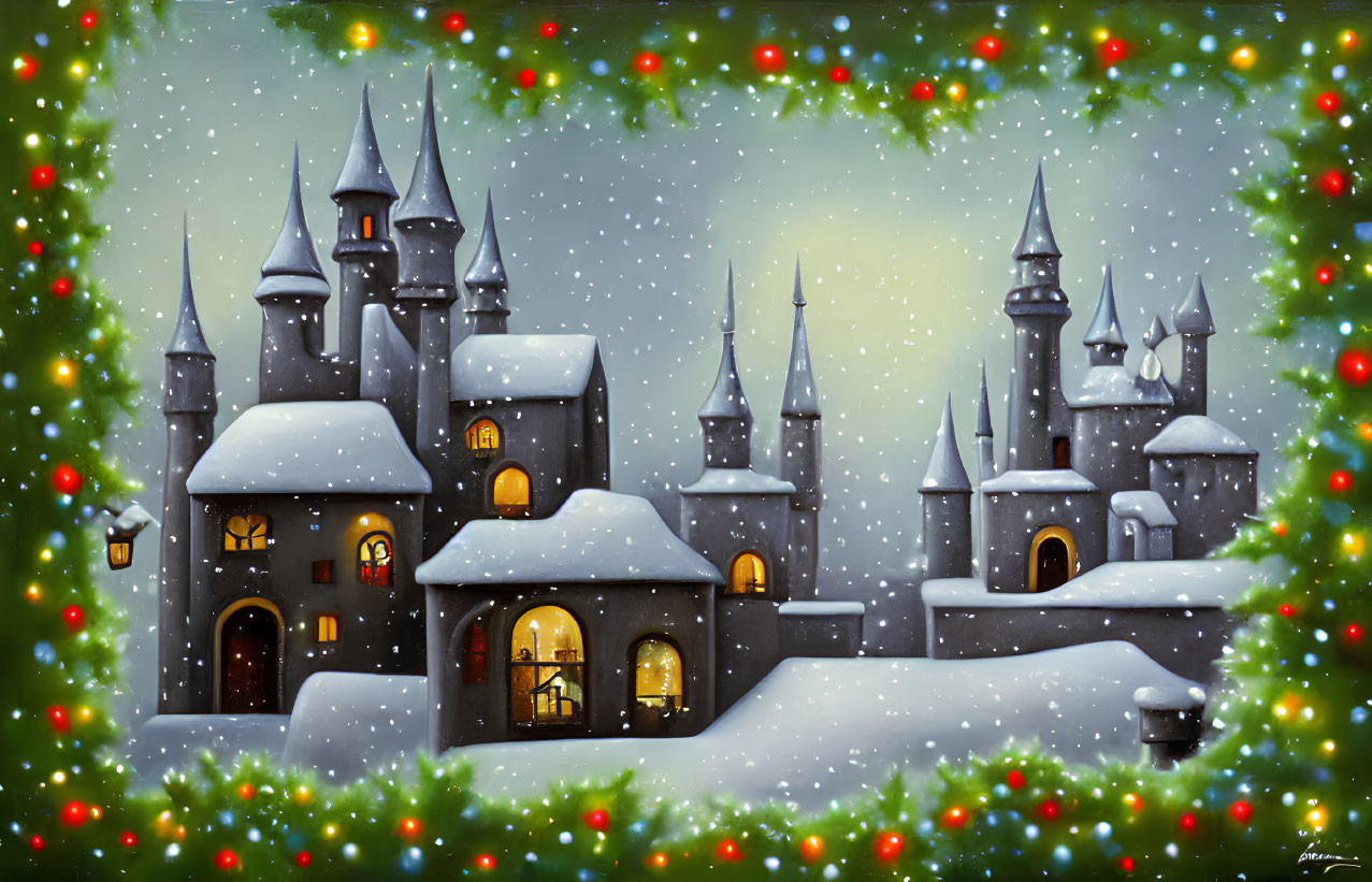 Snow-covered castle with glowing windows and festive lights in serene snowy setting