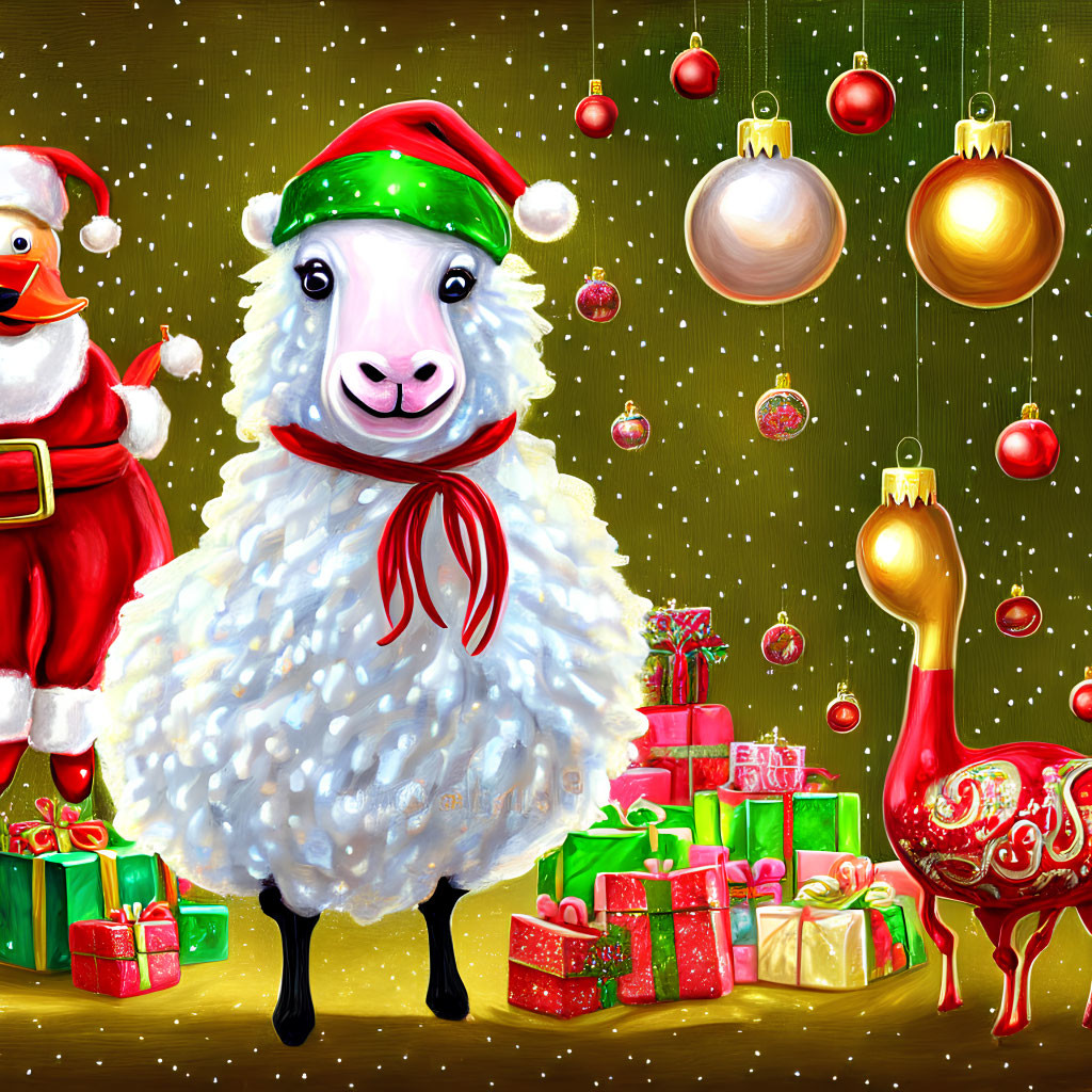 Festive Christmas illustration with Santa sheep, Santa, gifts, and ostrich ornament.