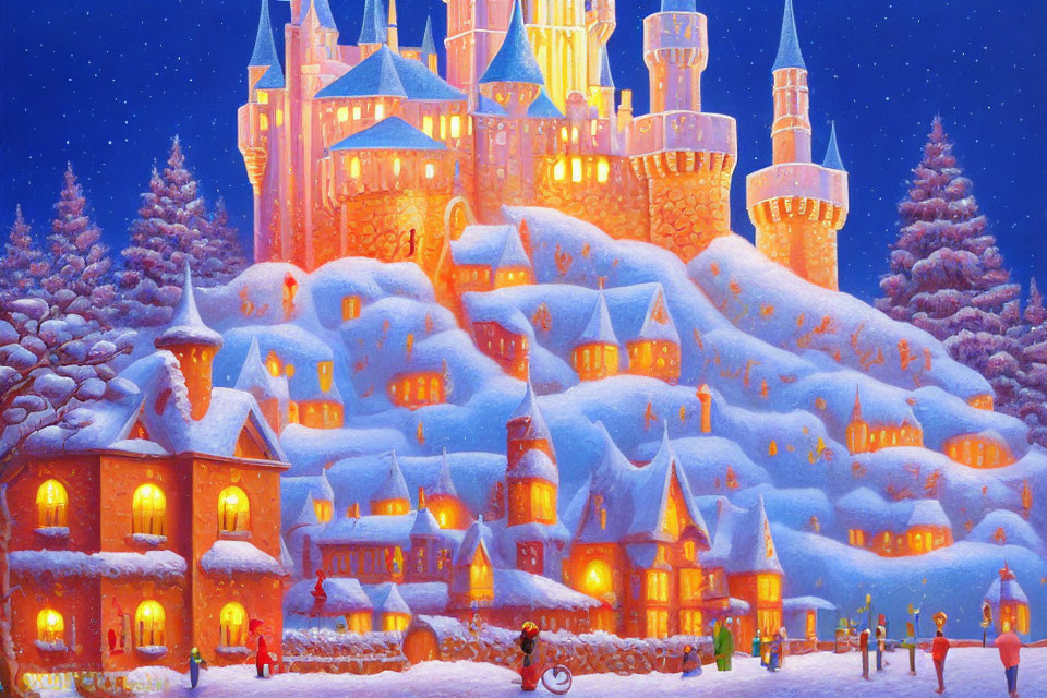 Snow-covered village and grand castle painting at twilight