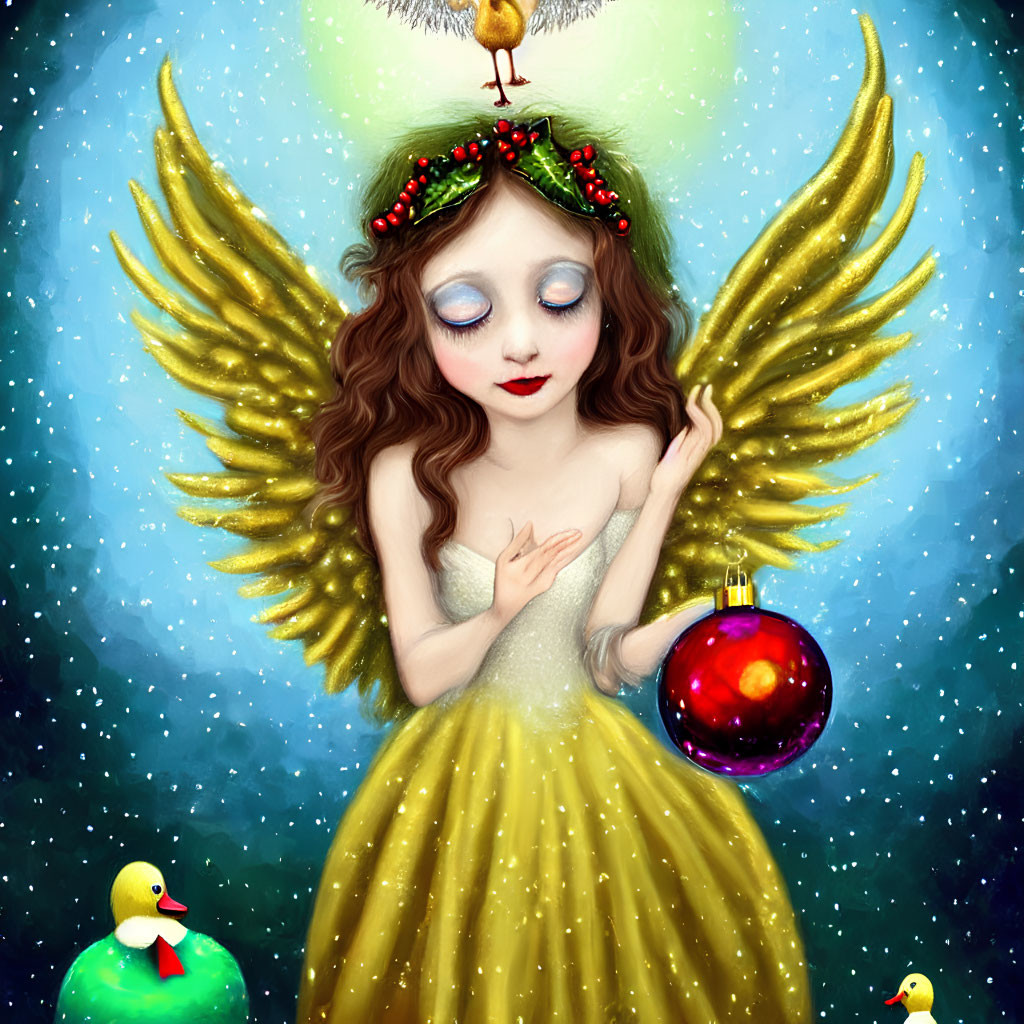 Illustration of girl with angel wings and wreath holding Christmas ornament, surrounded by rubber ducks and snow