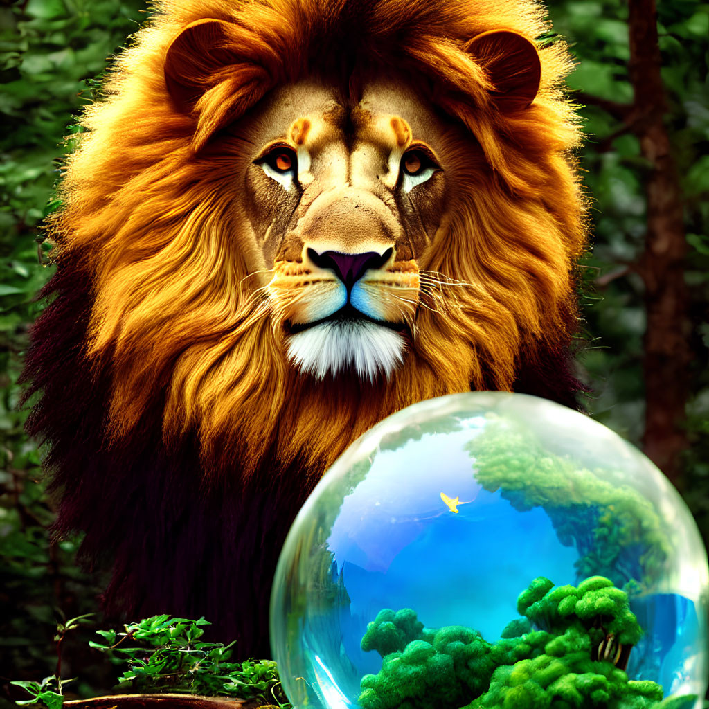 Majestic lion with intense gaze and crystal ball reflecting lush forest